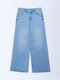 Girls Blue Faded Wide-Leg High-Rise Jeans