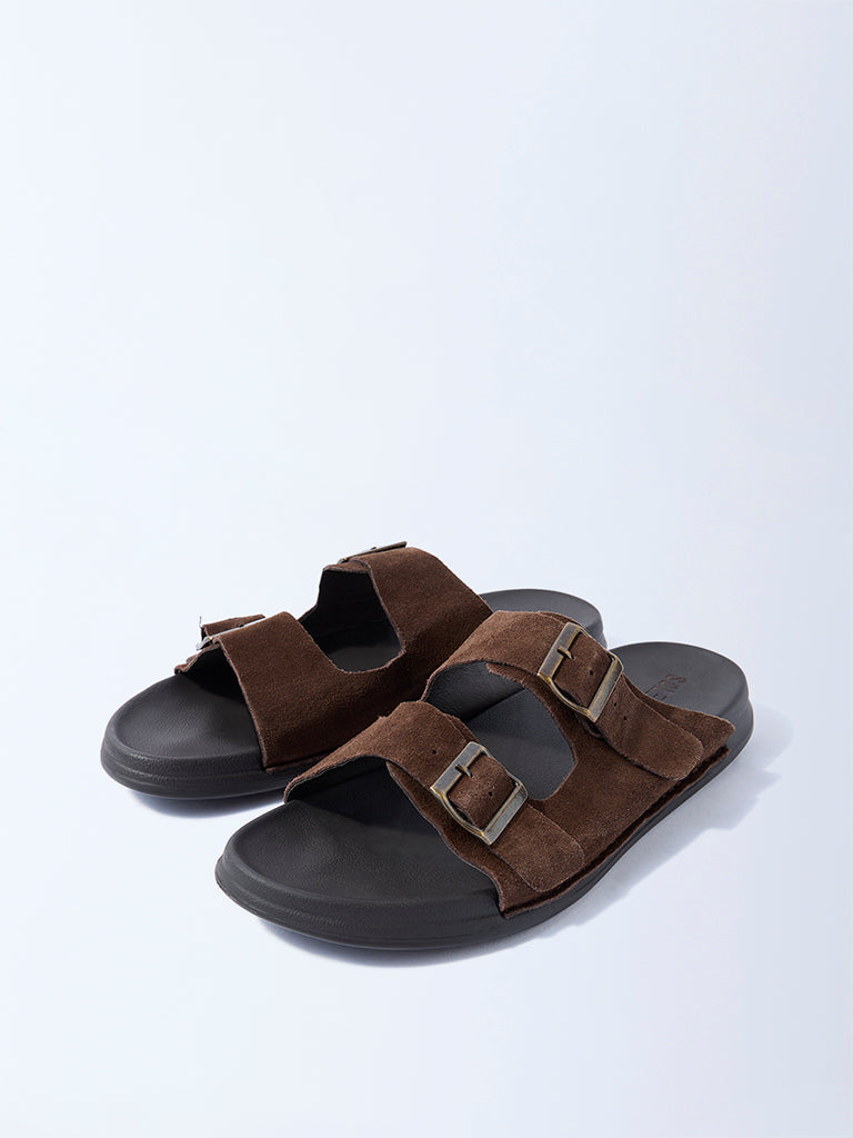 SOLEPLAY Brown Dual-Strap Leather Slip-On Sandals