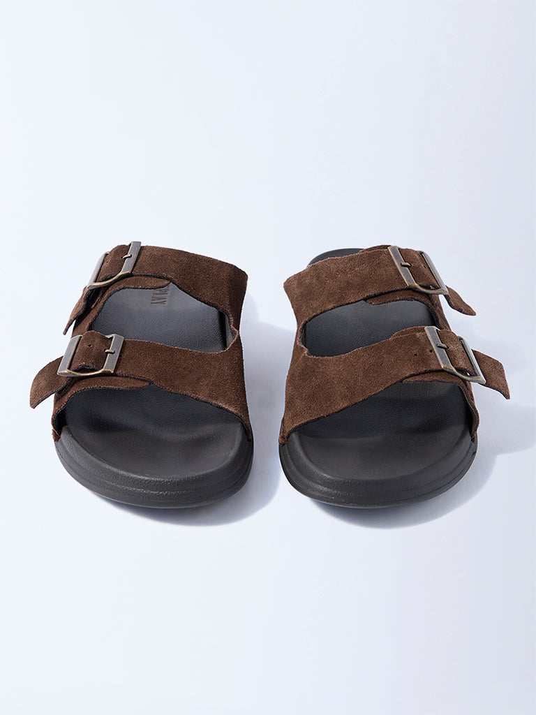 SOLEPLAY Brown Dual-Strap Leather Slip-On Sandals