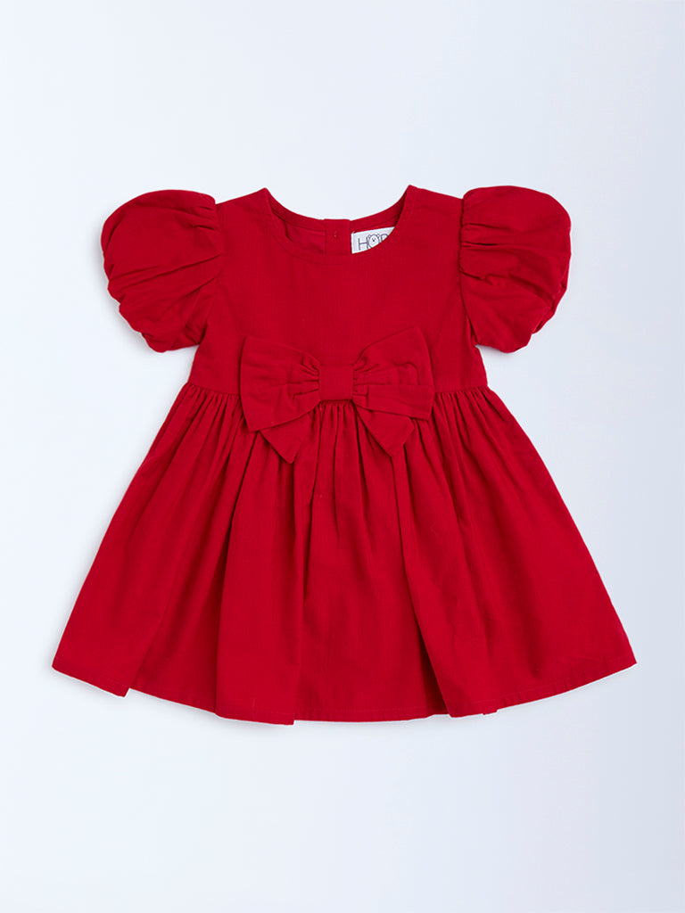 HOP Baby Girls Red Solid Bow-Detailed Cotton Dress