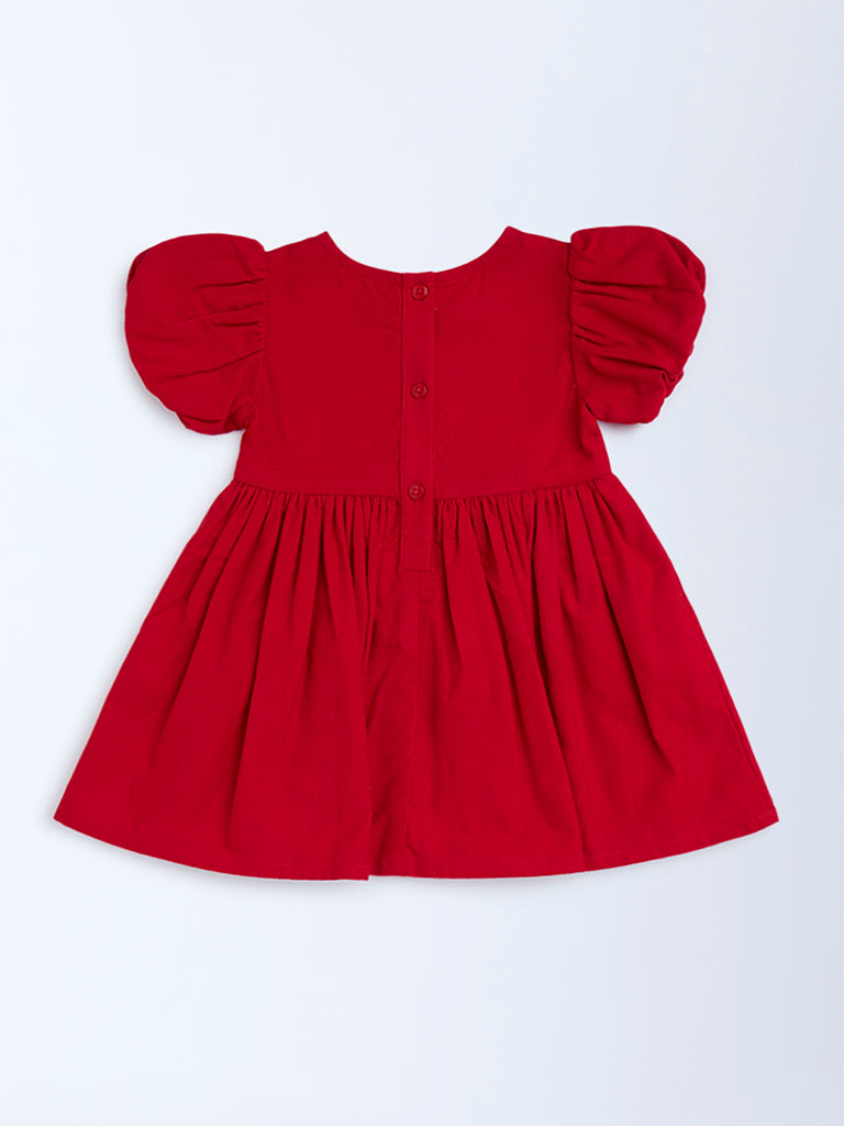 HOP Baby Girls Red Solid Bow-Detailed Cotton Dress