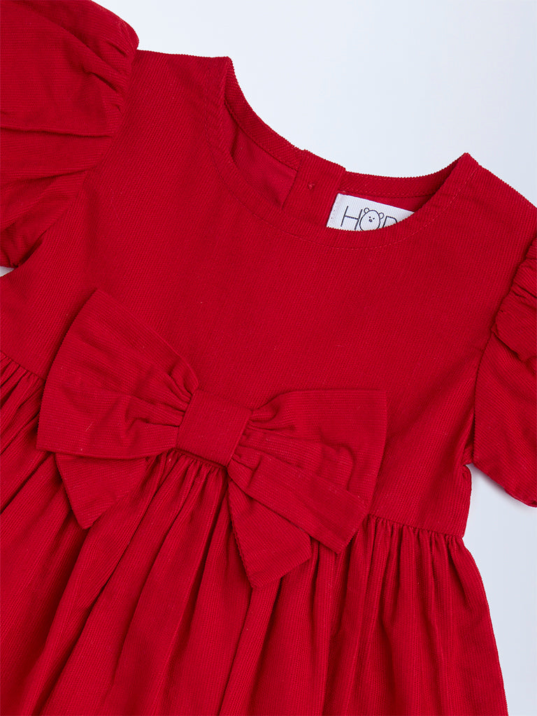 HOP Baby Girls Red Solid Bow-Detailed Cotton Dress