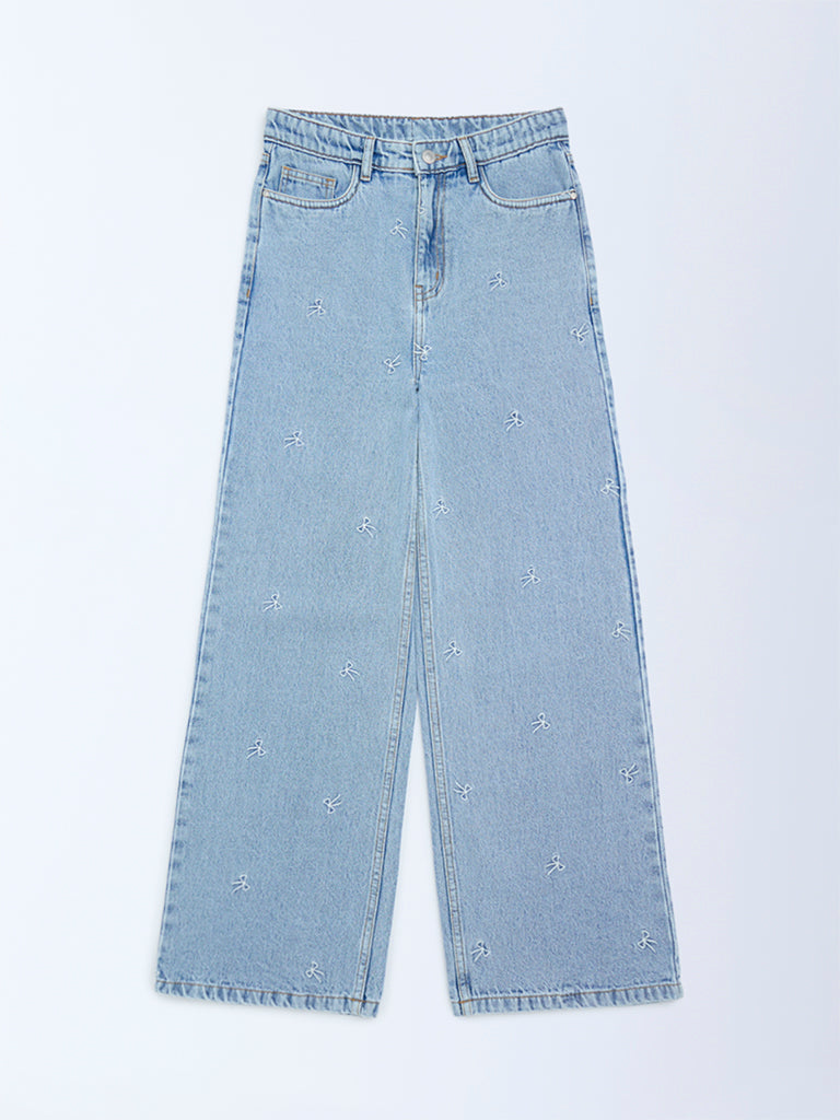 Girls Light Blue Embroidery Relaxed-Fit High-Rise Jeans