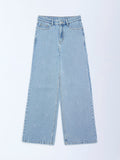 Girls Light Blue Embroidery Relaxed-Fit High-Rise Jeans