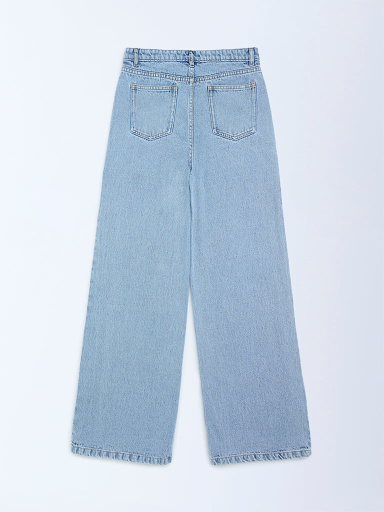Girls Light Blue Embroidery Relaxed-Fit High-Rise Jeans