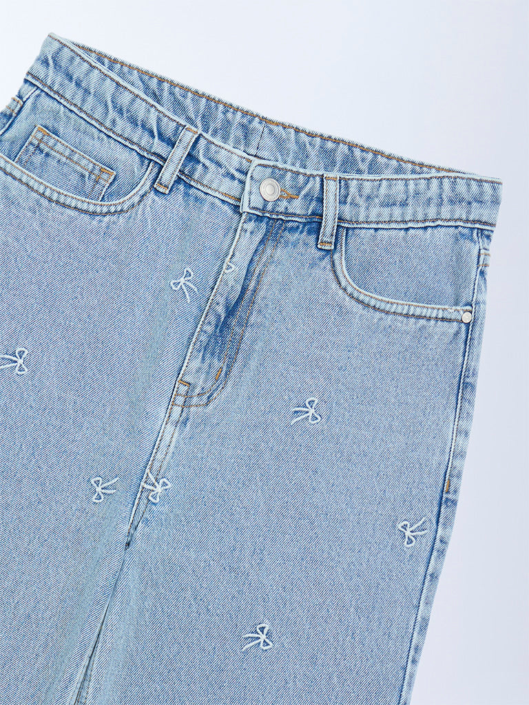 Girls Light Blue Embroidery Relaxed-Fit High-Rise Jeans