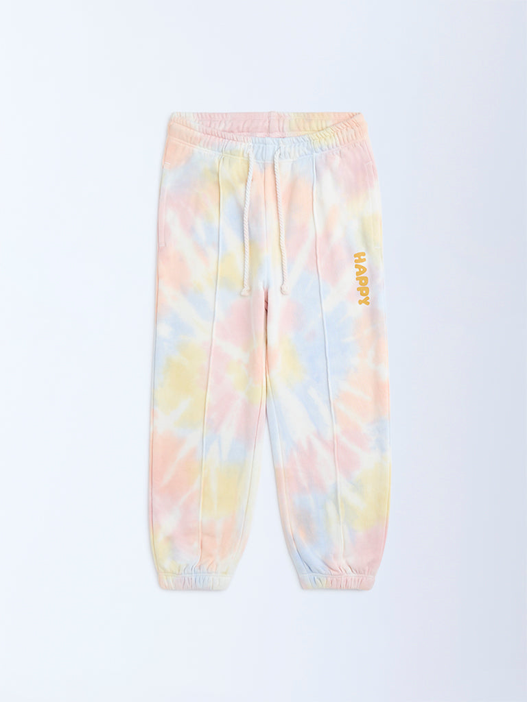 HOP Kids Girls Multicolour Tie-Dye High-Rise Cotton-Blend Joggers