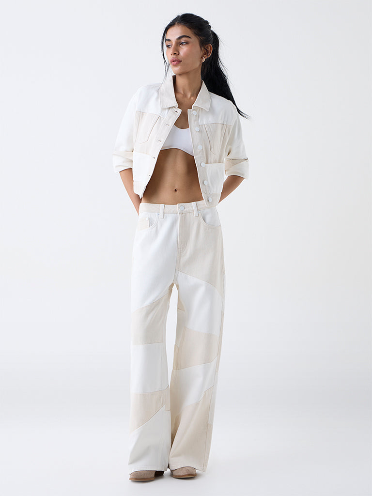 Nuon Off-White Colour-Block High-Rise Cotton Jeans