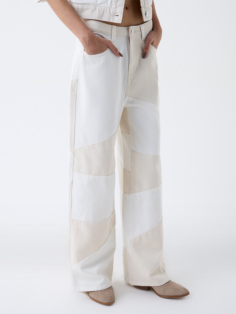 Nuon Off-White Colour-Block High-Rise Cotton Jeans