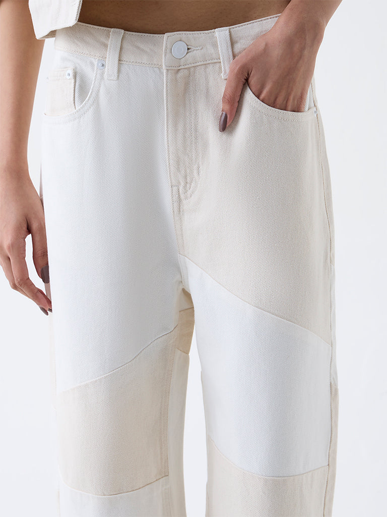 Nuon Off-White Colour-Block High-Rise Cotton Jeans