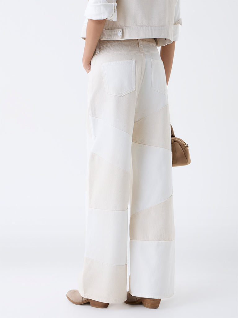 Nuon Off-White Colour-Block High-Rise Cotton Jeans