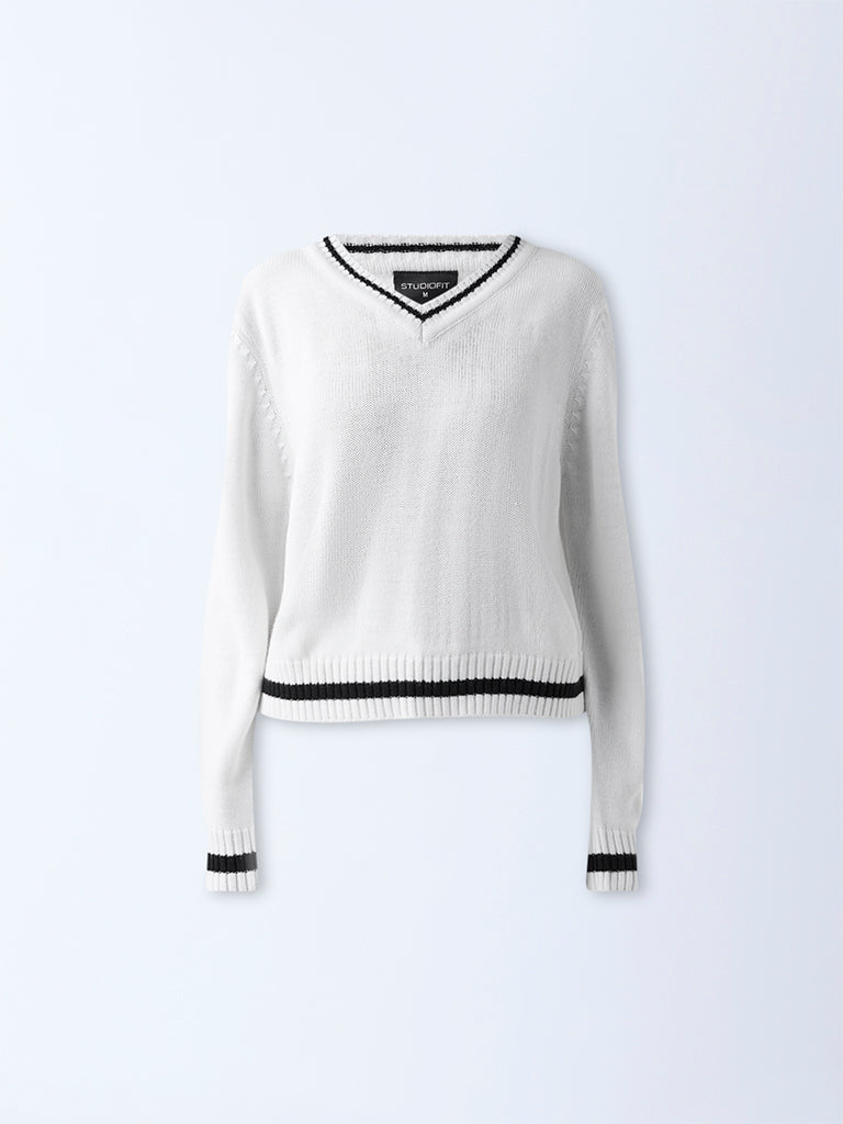 Studiofit White Knit-Textured Top