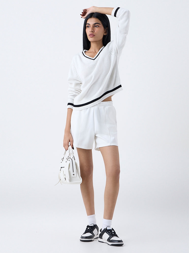Studiofit White Knit-Textured Top