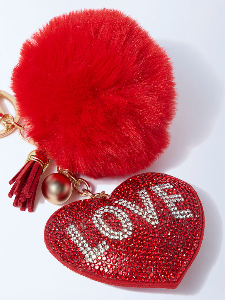 Studiowest Red Heart Bedazzled Pom Pom Bag Charm