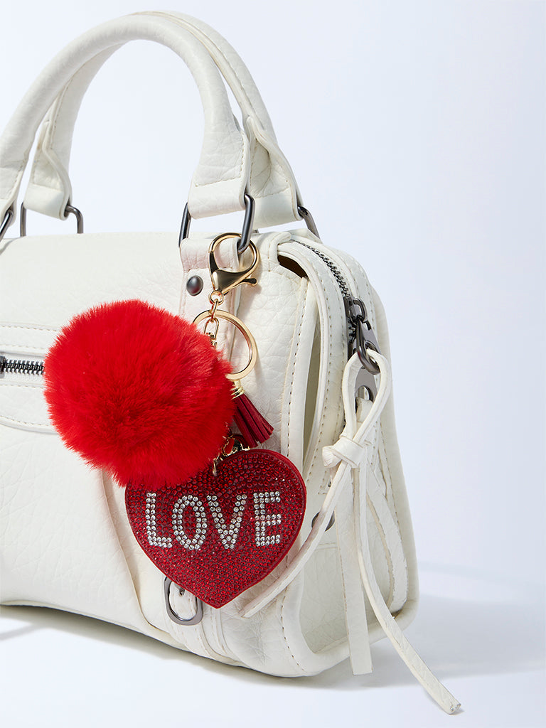 Studiowest Red Heart Bedazzled Pom Pom Bag Charm