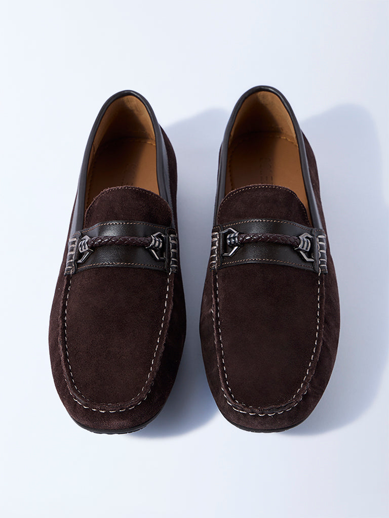 SOLEPLAY Dark Brown Suede Braided-Detail Leather Loafers