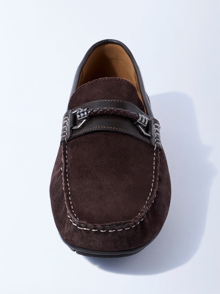 SOLEPLAY Dark Brown Suede Braided-Detail Leather Loafers