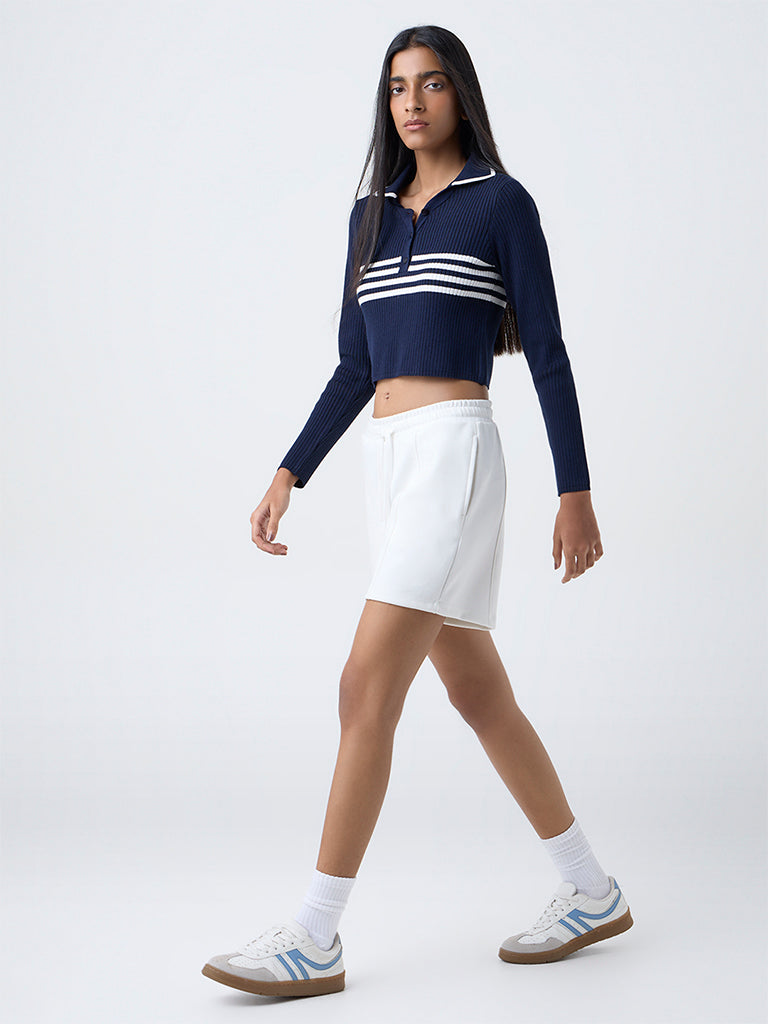 Studiofit Navy Stripe-Detailed Ribbed Top
