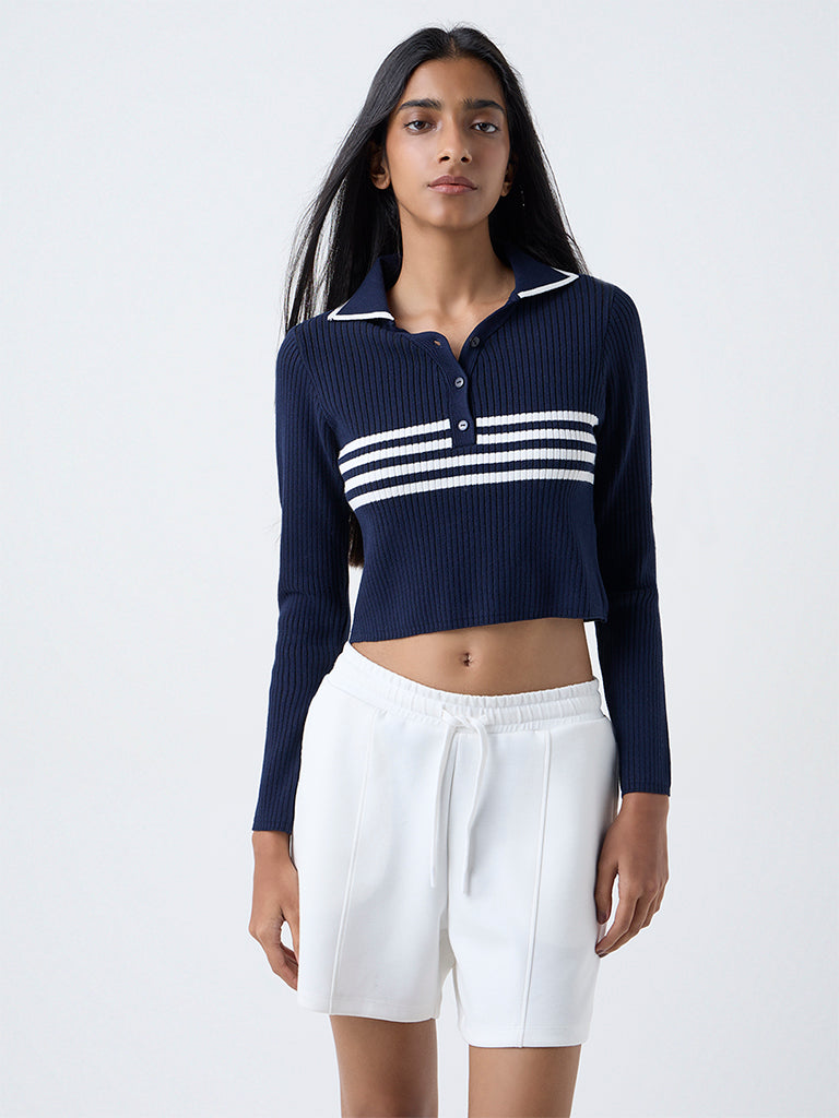 Studiofit Navy Stripe-Detailed Ribbed Top