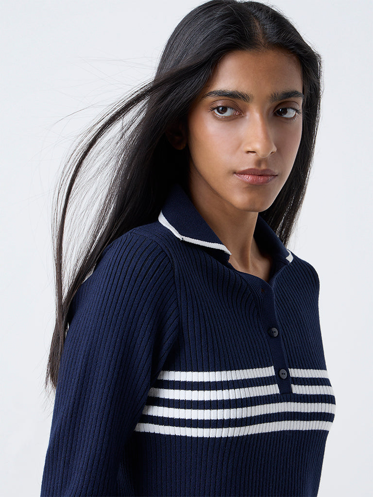 Studiofit Navy Stripe-Detailed Ribbed Top