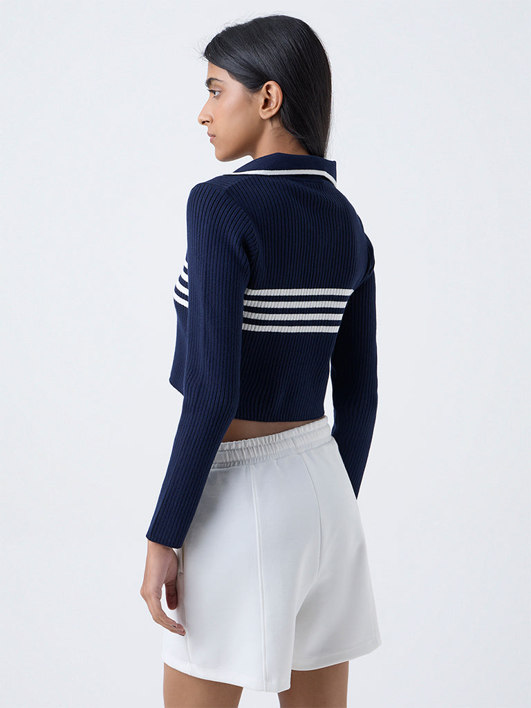 Studiofit Navy Stripe-Detailed Ribbed Top