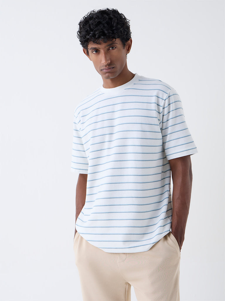 WES Lounge White Striped Relaxed-Fit Cotton-Blend T-Shirt
