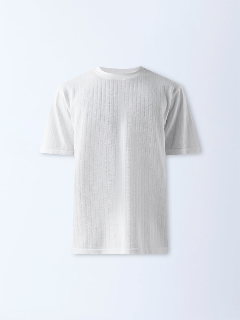 WES Lounge White Self Relaxed-Fit Cotton-Blend T-Shirt