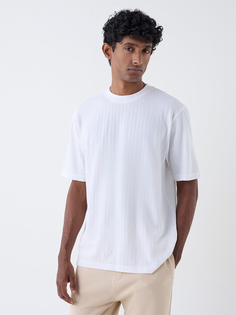 WES Lounge White Self Relaxed-Fit Cotton-Blend T-Shirt