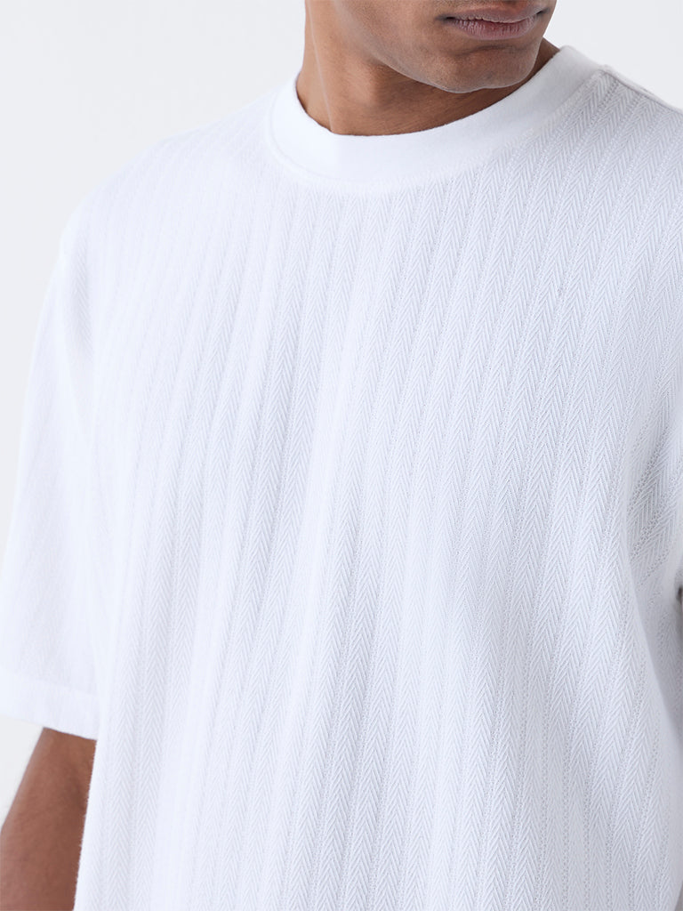 WES Lounge White Self Relaxed-Fit Cotton-Blend T-Shirt