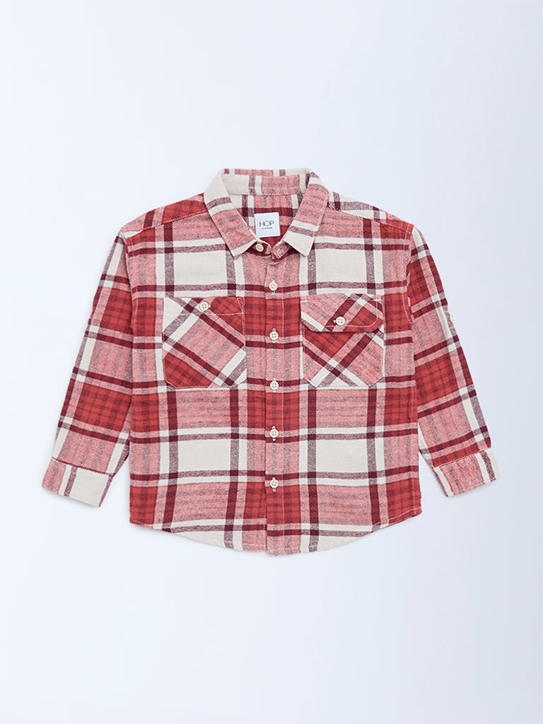 HOP Kids Boys Red Checkered Cotton Shirt