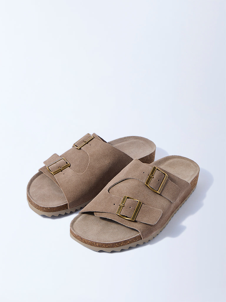 SOLEPLAY Taupe Buckle-Detail Suede Leather Sandals