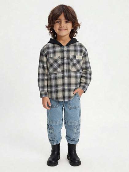 HOP Kids Boys Black Houndstooth Checkered Hooded Cotton Shirt