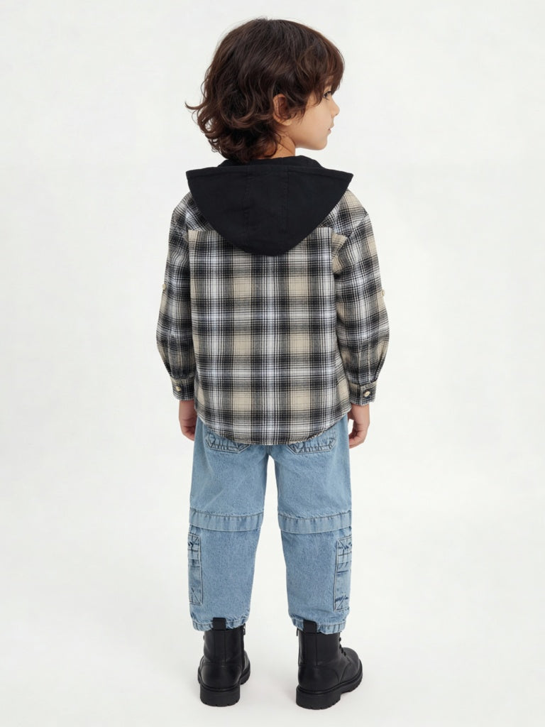 HOP Kids Boys Black Houndstooth Checkered Hooded Cotton Shirt