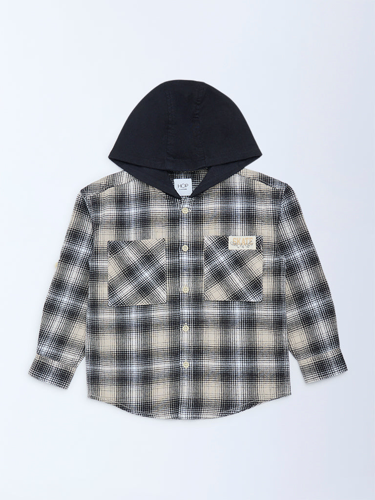 HOP Kids Boys Black Houndstooth Checkered Hooded Cotton Shirt