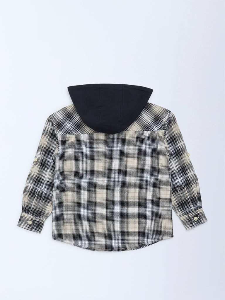 HOP Kids Boys Black Houndstooth Checkered Hooded Cotton Shirt