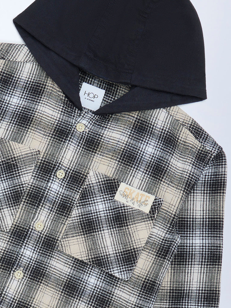 HOP Kids Boys Black Houndstooth Checkered Hooded Cotton Shirt