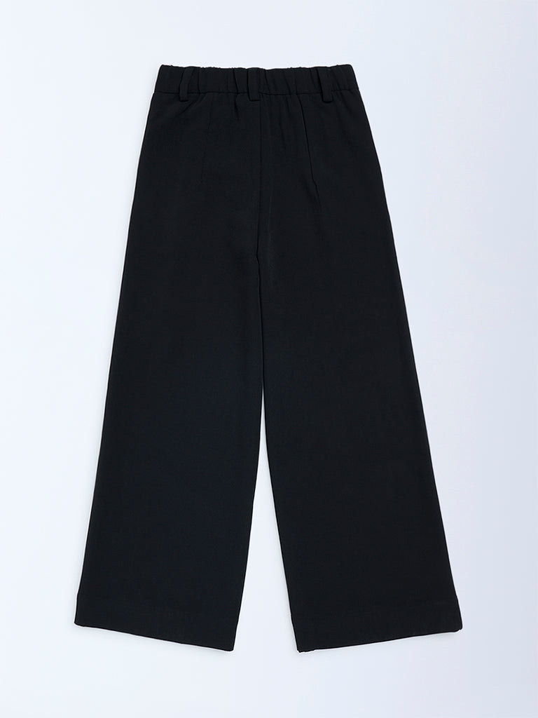 Girls Black Solid High-Rise Trousers