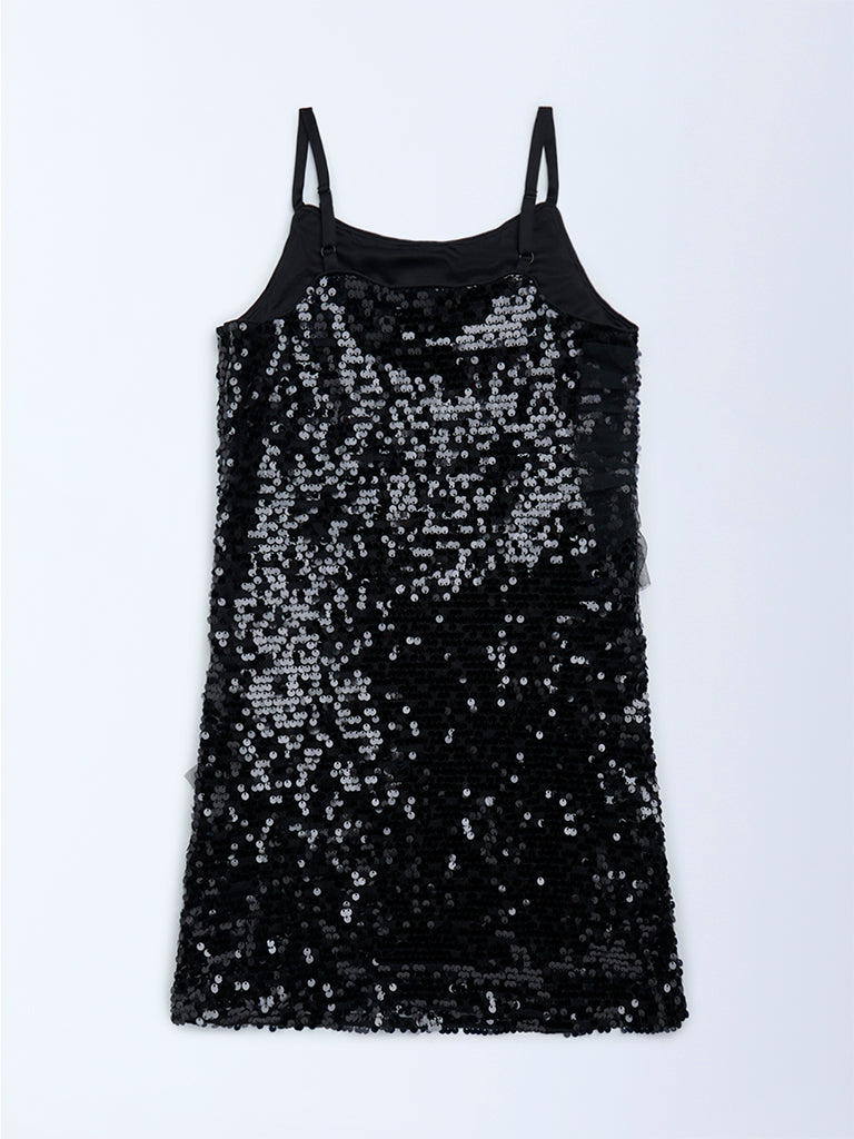 Girls Black Sequin Embellished Party Dress