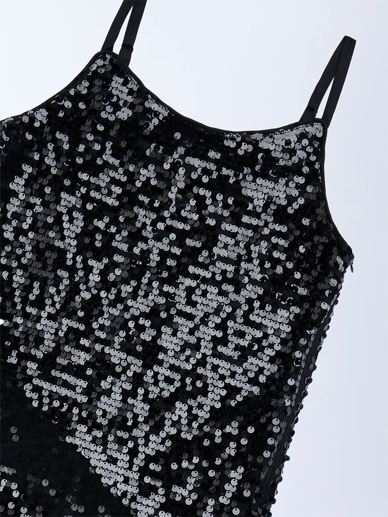 Girls Black Sequin Embellished Party Dress