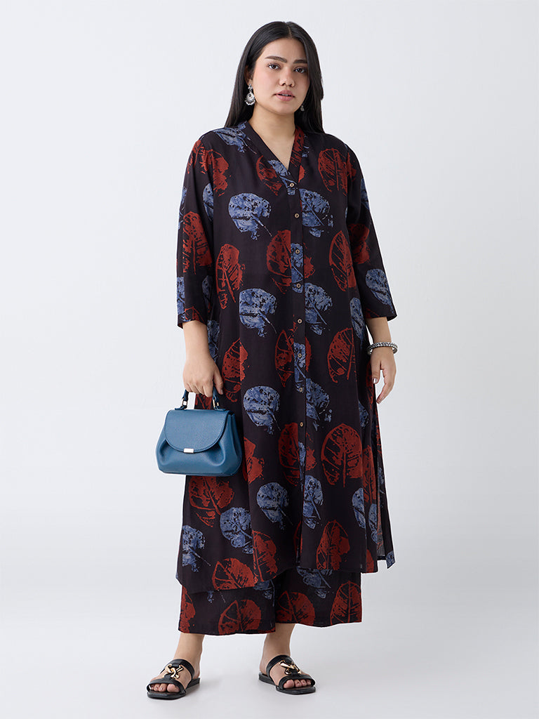 Diza Black Leaf Design Ethnic Pants
