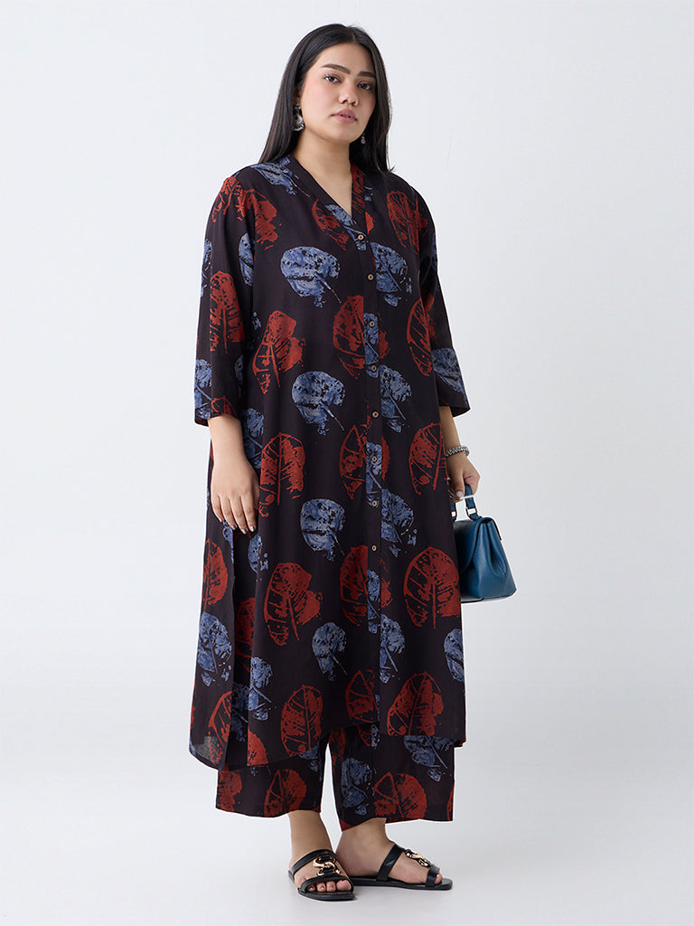 Diza Black Leaf Design A-Line Kurta