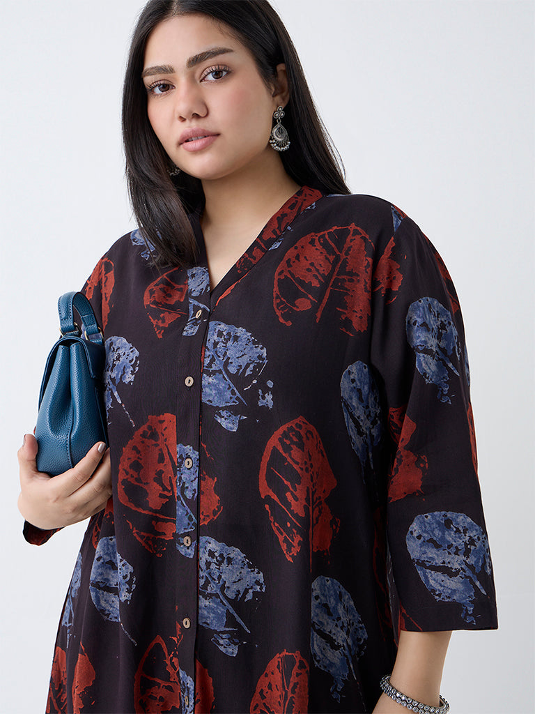 Diza Black Leaf Design A-Line Kurta