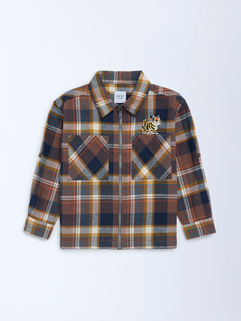 HOP Kids Boys Brown Checkered Cotton Shirt