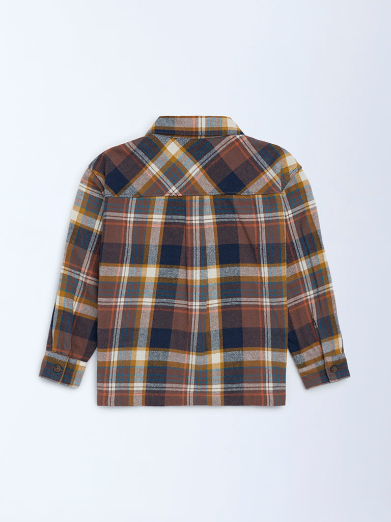 HOP Kids Boys Brown Checkered Cotton Shirt