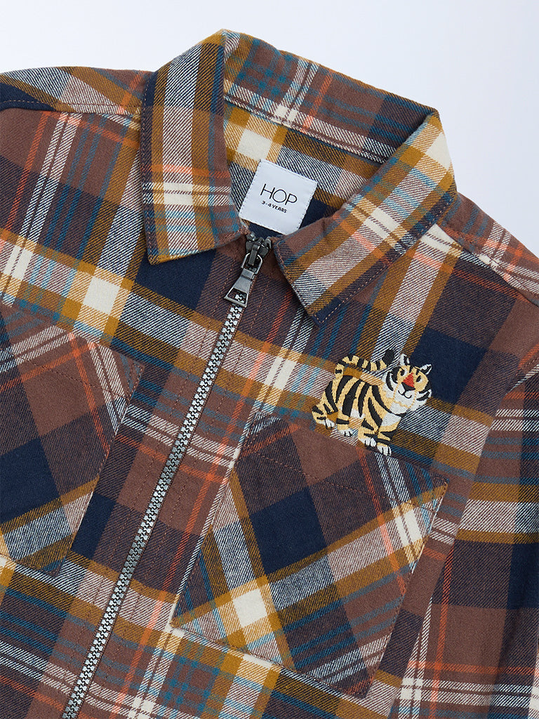 HOP Kids Boys Brown Checkered Cotton Shirt
