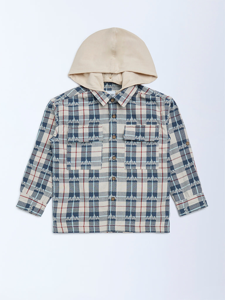 HOP Kids Boys Beige Checks Pattern Hooded Cotton Shirt