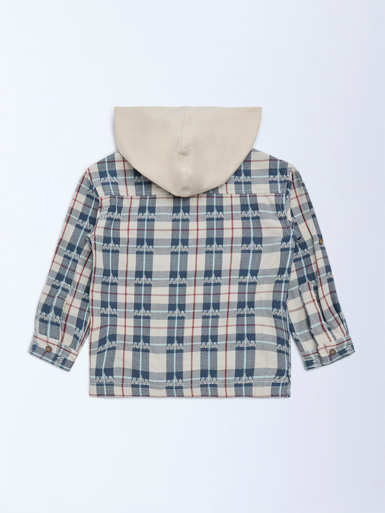 HOP Kids Boys Beige Checks Pattern Hooded Cotton Shirt
