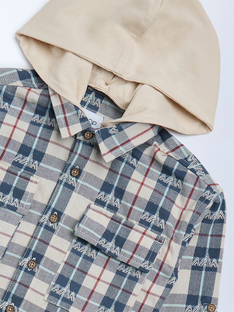 HOP Kids Boys Beige Checks Pattern Hooded Cotton Shirt