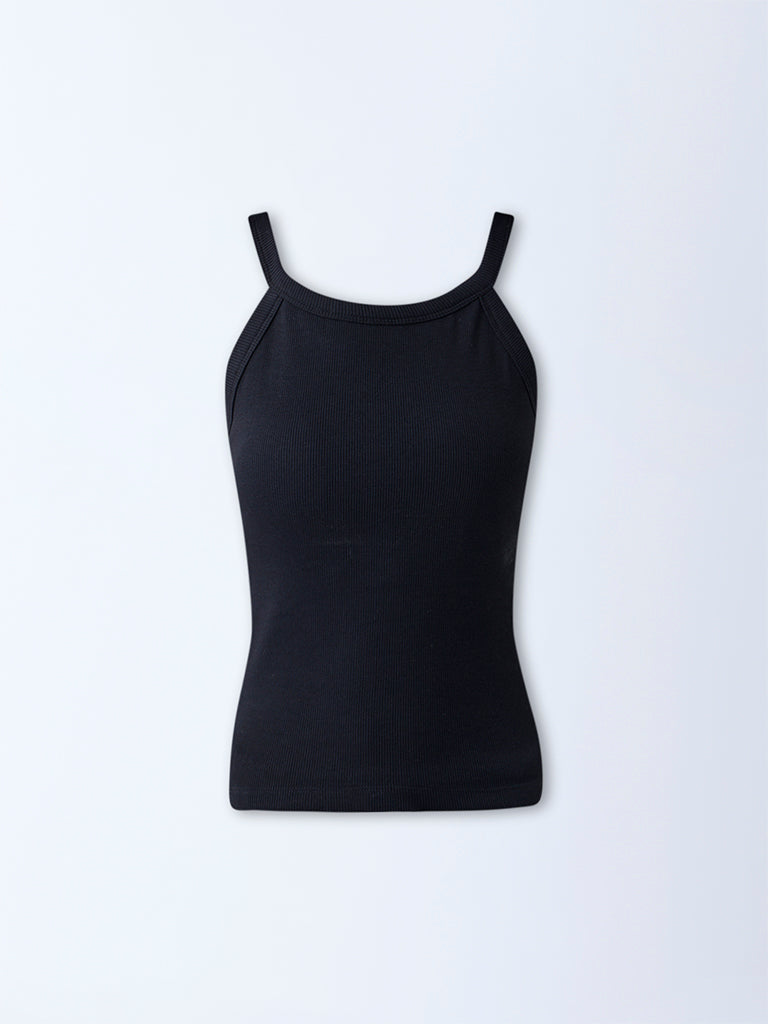 Studiofit Black Ribbed Cotton-Blend Top
