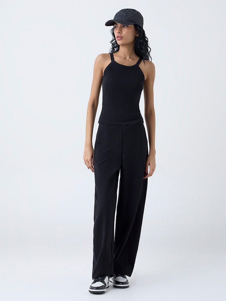 Studiofit Black Ribbed Cotton-Blend Top